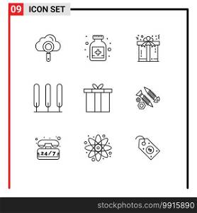 Group of 9 Outlines Signs and Symbols for gift, box, gift, accessories, nature Editable Vector Design Elements