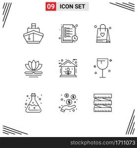 Group of 9 Outlines Signs and Symbols for green, chinese, list, massage, flower Editable Vector Design Elements