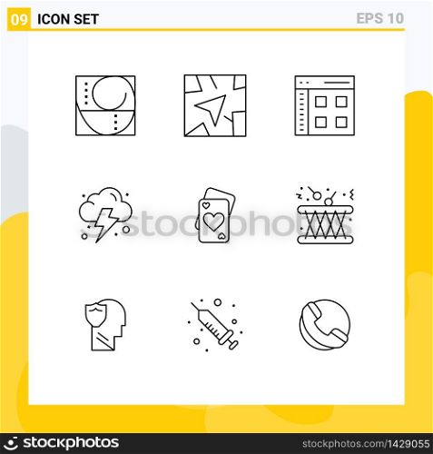 Group of 9 Outlines Signs and Symbols for heart, card, communication, power, farming Editable Vector Design Elements