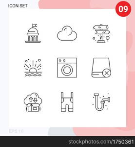 Group of 9 Outlines Signs and Symbols for interior, collection, road trip, beach, sea Editable Vector Design Elements