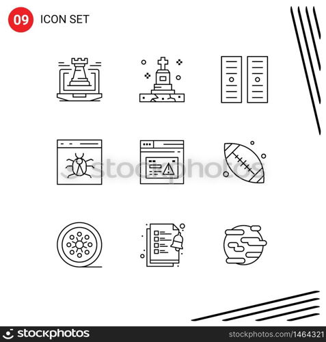 Group of 9 Outlines Signs and Symbols for internet, develop, tomb, bug, app Editable Vector Design Elements