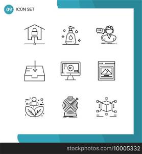 Group of 9 Outlines Signs and Symbols for monitor, receive, faq, mailbox, help Editable Vector Design Elements
