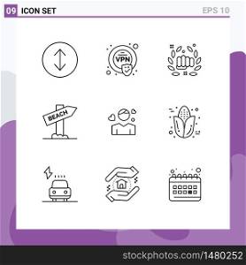 Group of 9 Outlines Signs and Symbols for person, boy, hand, man, travel Editable Vector Design Elements
