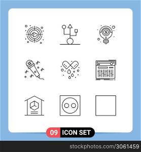 Group of 9 Outlines Signs and Symbols for pills, music, idea, microphone, solution Editable Vector Design Elements