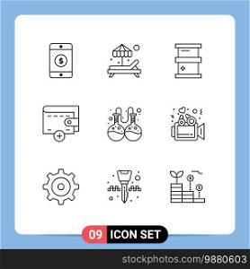 Group of 9 Outlines Signs and Symbols for presentation, research, chemistry, lab, wallet Editable Vector Design Elements