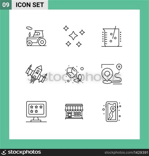 Group of 9 Outlines Signs and Symbols for space, spaceship, sky, spacecraft, chemical lab Editable Vector Design Elements