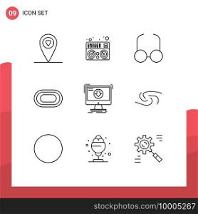 Group of 9 Outlines Signs and Symbols for syscoin, download, athlete, dlc, addition Editable Vector Design Elements