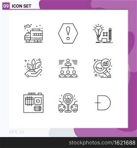 Group of 9 Outlines Signs and Symbols for teamwork, businessman, key, plant, grower Editable Vector Design Elements