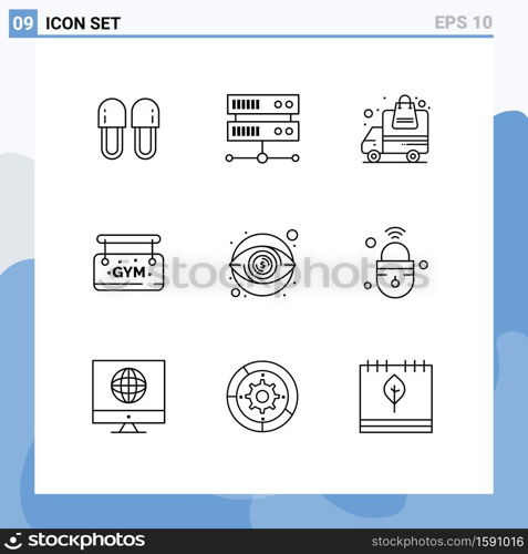 Group of 9 Outlines Signs and Symbols for visibility, eye, delivery, sign, gym Editable Vector Design Elements