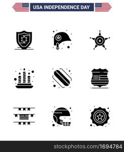 Group of 9 Solid Glyphs Set for Independence day of United States of America such as shield; hotdog; police; american; fire Editable USA Day Vector Design Elements