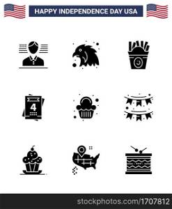 Group of 9 Solid Glyphs Set for Independence day of United States of America such as american  sweet  food  party  wedding Editable USA Day Vector Design Elements