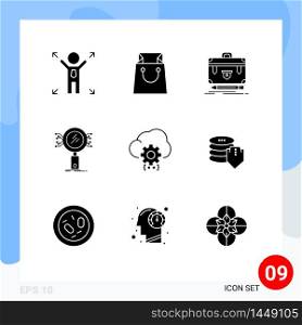 Group of 9 Solid Glyphs Signs and Symbols for coding, security, financial, research, search Editable Vector Design Elements