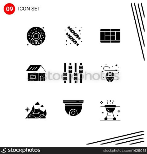 Group of 9 Solid Glyphs Signs and Symbols for computer mouse, equalizer, tennis, editing, home Editable Vector Design Elements
