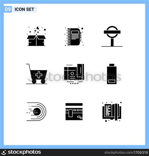 Group of 9 Solid Glyphs Signs and Symbols for coupon, medicine, note, medical, signs Editable Vector Design Elements