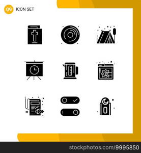 Group of 9 Solid Glyphs Signs and Symbols for display page content, machine, outdoor, coffee, time Editable Vector Design Elements