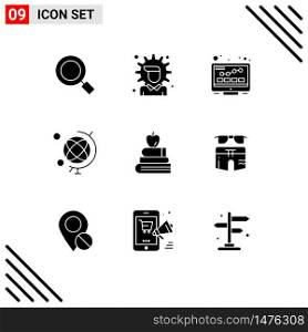 Group of 9 Solid Glyphs Signs and Symbols for education, apple, internet, globe, education Editable Vector Design Elements