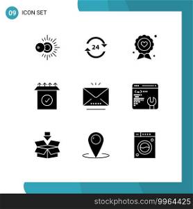 Group of 9 Solid Glyphs Signs and Symbols for email, ready, stop, product, fathers day Editable Vector Design Elements