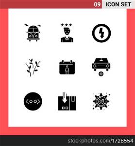 Group of 9 Solid Glyphs Signs and Symbols for female, nature, charge, easter, buds Editable Vector Design Elements