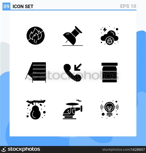 Group of 9 Solid Glyphs Signs and Symbols for food, incoming, virus, call, tools Editable Vector Design Elements