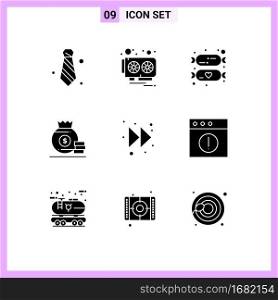 Group of 9 Solid Glyphs Signs and Symbols for forward, american, baby, money, dollar Editable Vector Design Elements