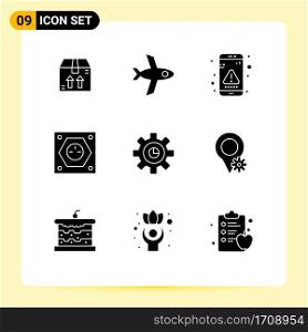 Group of 9 Solid Glyphs Signs and Symbols for gear, graph, interface, socket, plug Editable Vector Design Elements