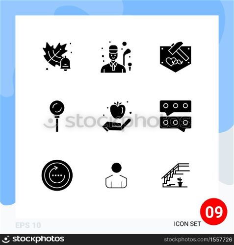 Group of 9 Solid Glyphs Signs and Symbols for healthy breakfast, apple, fathers, lollipop, food Editable Vector Design Elements