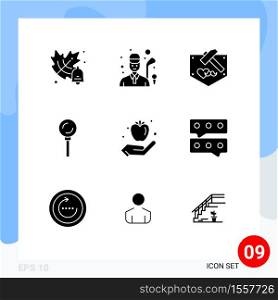 Group of 9 Solid Glyphs Signs and Symbols for healthy breakfast, apple, fathers, lollipop, food Editable Vector Design Elements
