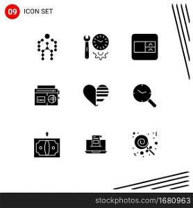 Group of 9 Solid Glyphs Signs and Symbols for heart, music, settings, radio, wireframe Editable Vector Design Elements