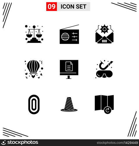 Group of 9 Solid Glyphs Signs and Symbols for internet, business, setting, valentine, hot Editable Vector Design Elements