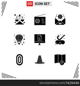 Group of 9 Solid Glyphs Signs and Symbols for internet, business, setting, valentine, hot Editable Vector Design Elements