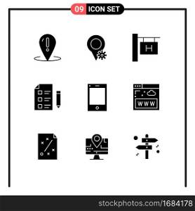 Group of 9 Solid Glyphs Signs and Symbols for ipad, test, hotel sign, science, research Editable Vector Design Elements
