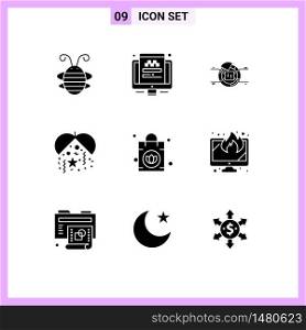 Group of 9 Solid Glyphs Signs and Symbols for ladies, party, screen, night, percentage Editable Vector Design Elements