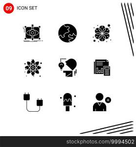 Group of 9 Solid Glyphs Signs and Symbols for mind, physics, chinese, molecule, atom Editable Vector Design Elements