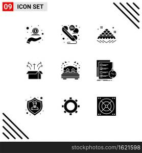 Group of 9 Solid Glyphs Signs and Symbols for open box, box, telephone, release, open Editable Vector Design Elements