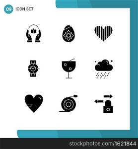 Group of 9 Solid Glyphs Signs and Symbols for phone, smart watch, egg, watch, favorite Editable Vector Design Elements