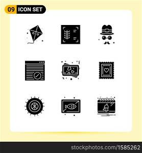 Group of 9 Solid Glyphs Signs and Symbols for photo, love, brim, webpage, internet Editable Vector Design Elements