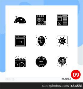Group of 9 Solid Glyphs Signs and Symbols for right, arrow, live, page, develop Editable Vector Design Elements