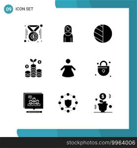 Group of 9 Solid Glyphs Signs and Symbols for security, woman, editing, people, investment Editable Vector Design Elements