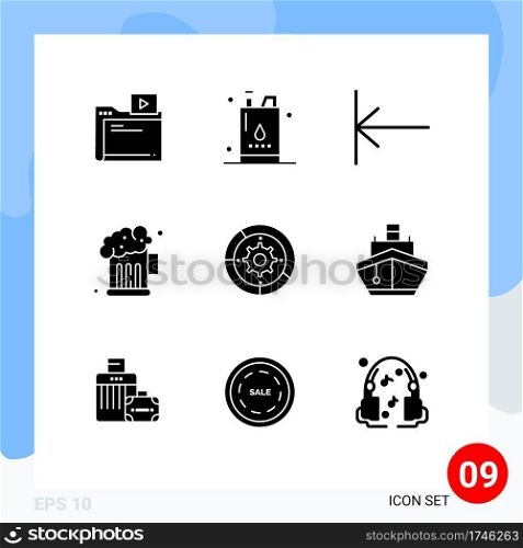 Group of 9 Solid Glyphs Signs and Symbols for setup, gear, power, party, beer Editable Vector Design Elements