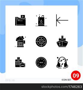 Group of 9 Solid Glyphs Signs and Symbols for setup, gear, power, party, beer Editable Vector Design Elements