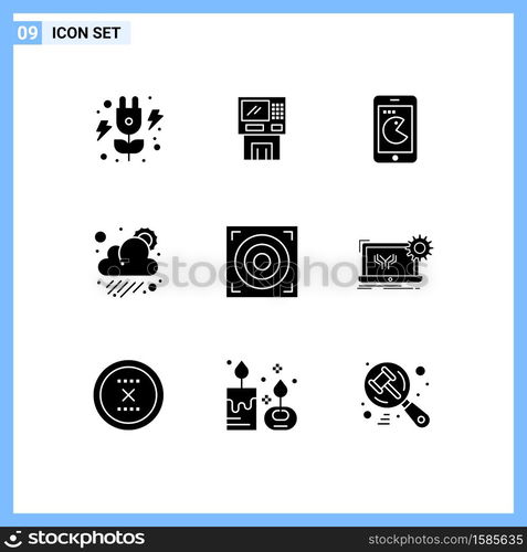 Group of 9 Solid Glyphs Signs and Symbols for sun, cloud, finance, hardware, mobile Editable Vector Design Elements