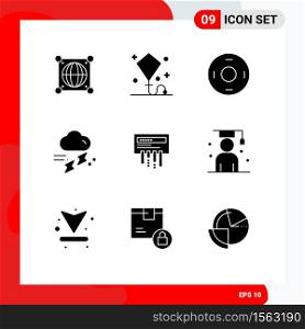 Group of 9 Solid Glyphs Signs and Symbols for thunder, rainfall, toy, rain, symbols Editable Vector Design Elements