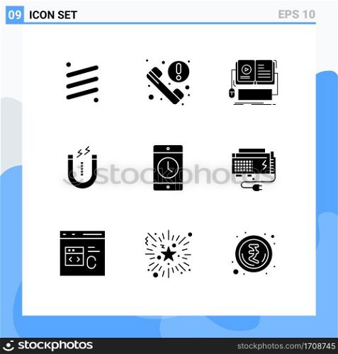 Group of 9 Solid Glyphs Signs and Symbols for tool, attract, news, magnet, mobile Editable Vector Design Elements