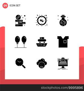 Group of 9 Solid Glyphs Signs and Symbols for transport, cargo, magic, car, balloon Editable Vector Design Elements