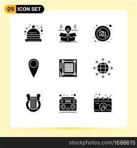 Group of 9 Solid Glyphs Signs and Symbols for web, grid, camera, design, guitar Editable Vector Design Elements