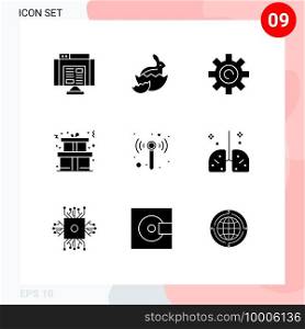 Group of 9 Solid Glyphs Signs and Symbols for wireless, technology, gear, present, christmas Editable Vector Design Elements