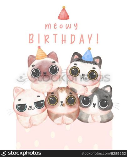 Group of adorable birthday kitten cats head in different breeds Meowy birthday watercolor illustration greeting card.