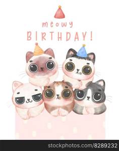 Group of adorable birthday kitten cats head in different breeds Meowy birthday watercolor illustration greeting card.