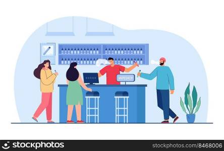 Group of adult hipsters buying vaporizers in vape shop. People standing near showcase with electronic cigarettes and enjoying vapors flat vector illustration. Alternative smoking, lifestyle concept. Group of adult hipsters buying vaporizers in vape shop
