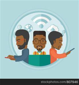 Group of african-american business people using business technology in global business. Global business, globalization concept. Vector flat design illustration in the circle isolated on background.. Businessmen taking part in global business.